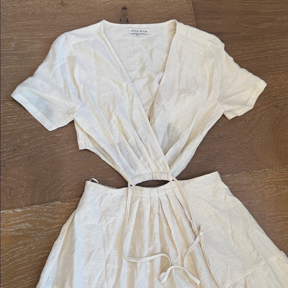 Moon River Cream Cutout Tie Front Midi Dress Linen Look Flowy Size S - Picture 4 of 4